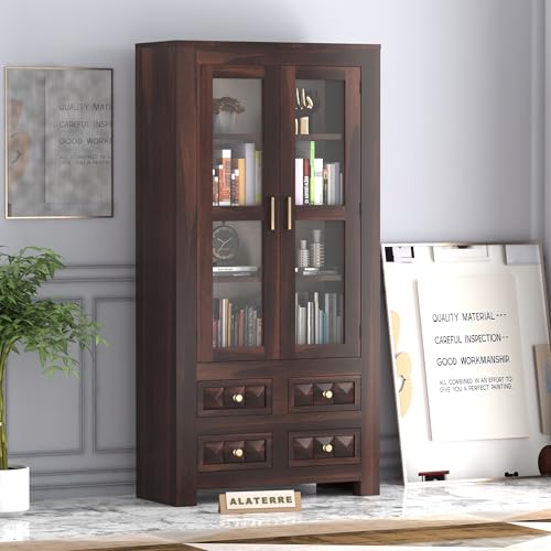 Image of Wood Books Shelf for Home Library | Book Shelf with Glass Door | Kitchen Crockery Cabinet Storag, Almirah, Study Room Furniture Book Rack, 4 Drawer, Walnut Finish