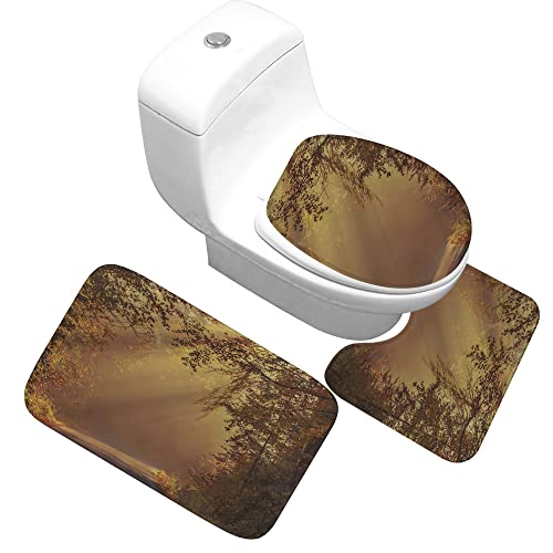 Badteppich Set,Badematten Teppich-Set 3-Teilig Morgendliche Sonne Wald 3D-Druck Rutschfeste Badematten Weiche Mikrofaser…