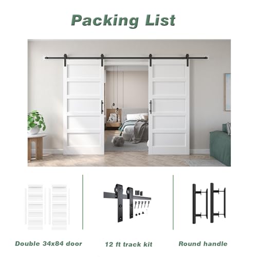 Image of FREDBECK White Barn Door 68x84 (Double 34in x 84in) with Hardware Kit & Handle Included,5-Panel Interior Doors,Water-Proof PVC Surface,Pre-Drilled Holes,Need Assembly