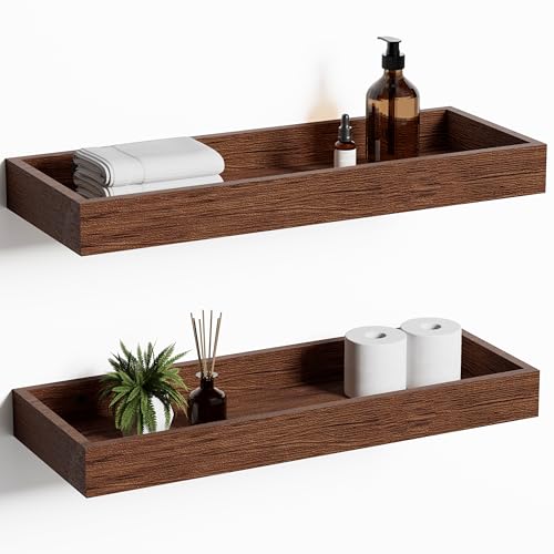 Mifurn Floating Shelves for Wall, Wooden Wall Shelves for Bedroom Living Room Kitchen, Modern and Rustic Bathroom Shelves with Raised Lip, Decor Floating Shelf for Storage (Walnut-Like,2 Set,15.7 in)