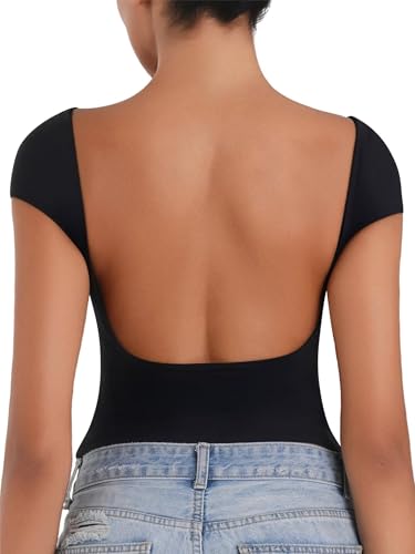 Sunzel Open Back Tops for Women Sexy Going Out Top Double Lined Backless Shirt Y2K Crop Basic Tee Shirts for Casual Workout