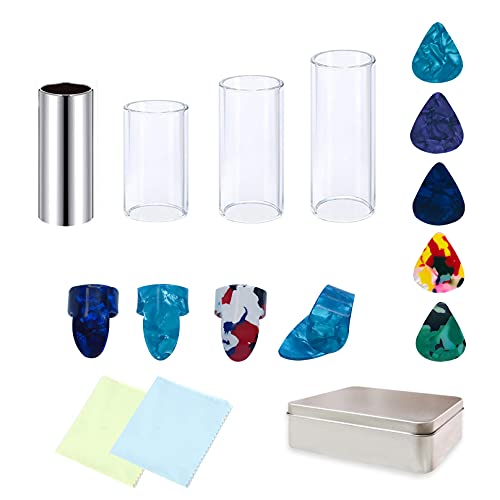 Fangulu 13Pcs Guitar Slide Set, Stainless Steel Slide×1Pcs, Glass Slide×3Pcs, Guitar Picks×5Pcs, Finger Picks×4Pcs #TOP19