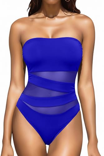 Holipick Maillot de bain une pièce pour femme avec contrôle du ventre - Sans bretelles - Bandeau amincissant - Dos nu, Bleu roi 1, Taille S