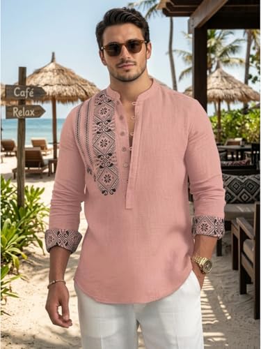 Image of DEELMO Men's Cotton Blend Mandarin Collar Self One Design Full Sleeve Casual Short Kurta