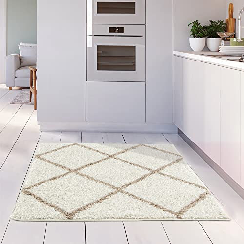 THE RUGS Shaggy Rug, Modern Moroccan Design Rugs for Living Room Bedroom, Hallway, 3 cm Thick Area Rugs, (Diamond Ivory/Beige - Image 3