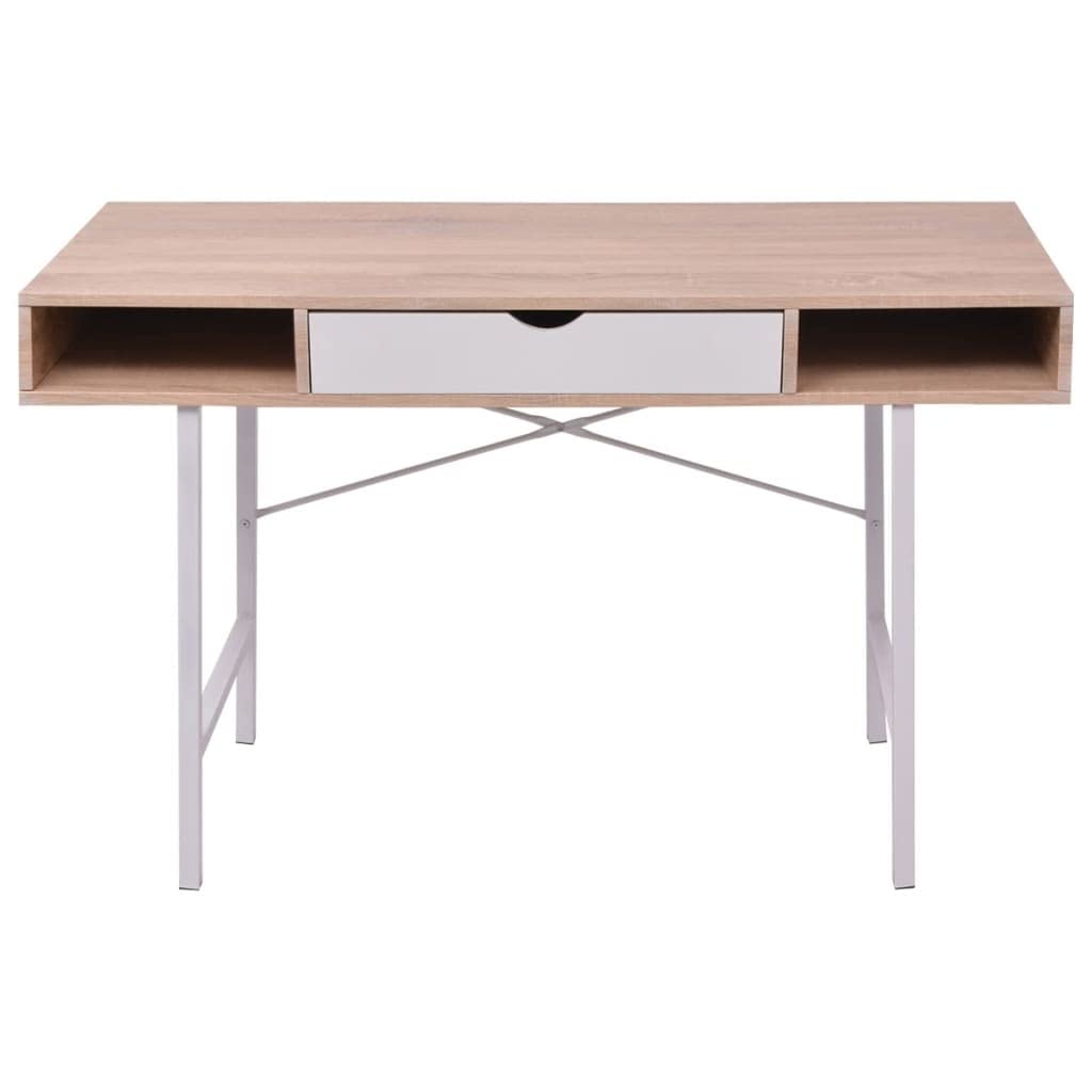 Schreibtisch mit 1 Schublade und Fächern, MDF-Tischplatte in Eiche und Weiß, stabile Metallbeine, geräumige Arbeitsfläche für Computer und Laptop, ideal für Home-Office und Büro