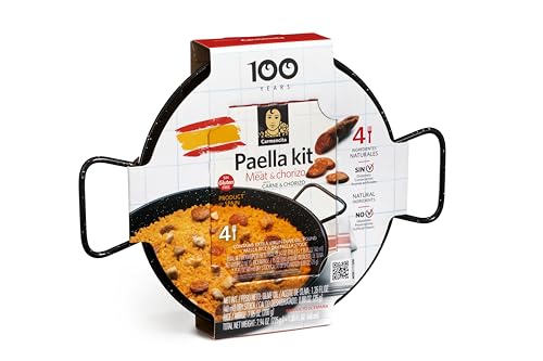 Carmencita Chorizo Paella Kit with Enamelled Pan Complete Set for 4 People with Rice Olive Oil and Dehydrated Broth for Traditional Paella Seasoning Gluten Free Spanish Cooking Kit