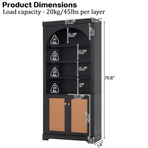Image of Tall Bookshelf with Rattan Doors&4-layer LED Lightings (Black Rattan) | Modern Bookcase with Rattan Doors and Open Adjustable Shelves,Storage Bookshelf for Living Room,Home Office