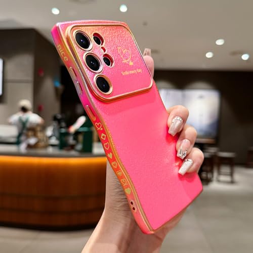 LCHULLE for Samsung Galaxy S24 Ultra Case for Women Girls, Cute Wave Frame Curly Shape with Love Heart Camera Protection Luxury Plating Shockproof Phone Case for Galaxy S24 Ultra 5G, Colorful Hot Pink