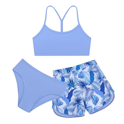 Image of Weixinbuy Girls 3 Piece Swimsuit Bathing Suits Solid Bikini Set with Printed Sports Shorts Swimwear for 9-16Y Teen Girls