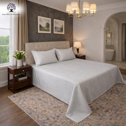 Image of Dream Living Stripe King Bedsheet with 2 Pillow Covers | 120 GSM | 275x275 Cm | Grey