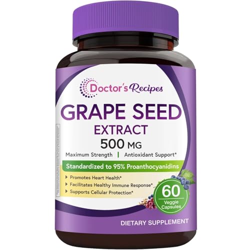 Doctors Recipes Grape Seed Extract 500 mg Standardized Extract with 95% Proanthocyanidins Non-GMO Antioxidant Support Heart Immune & Skin Health 60 Veg Caps