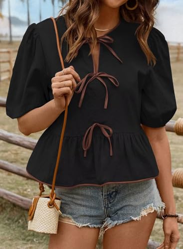 Plus Size Tops for Women Cute Peplum Shirts Spring Trendy Puff Sleeve Blouses Black Round Neck Bohemian Basic Tee Bowknot Light XXL Going Out4