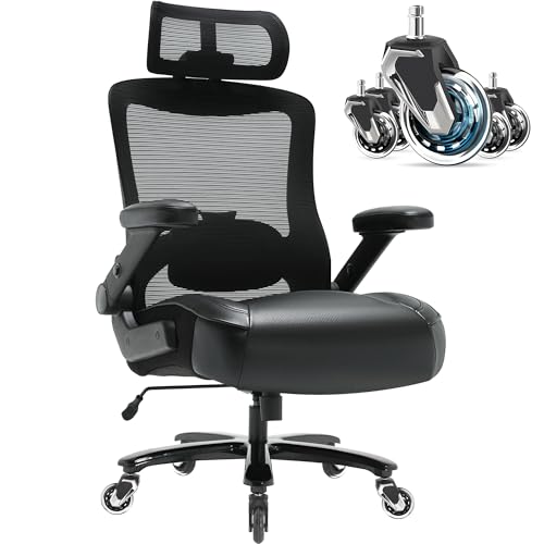 Big and Tall Office Chair 600lbs- Ergonomic Mesh Desk Chair with Adjustable Lumbar Support Headrest 3D Flip Up Arms Metal Base- High Back Large Executive Computer Office Chair, Extra Wide Seat, Black
