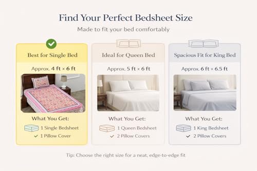 Image of elanorhomes 100% Cotton 240 TC Single Bed Sheet Set | Floral Hand Printed Bedsheet with Pillow Cover | Soft Breathable Fabric for Bedroom | 60x90 Inches (Blush Garden)