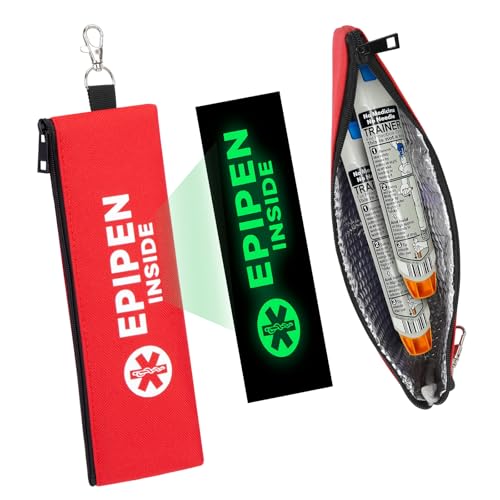 DawnBox EpiPen Carry Case Insulated for 2 Epi Pen Both Sides Glow in The Dark Label Aluminum Insulated Epipen Case 3-Second Crisis Access Epi Pens for Allergy Kids AUVI Q Travel (Red)