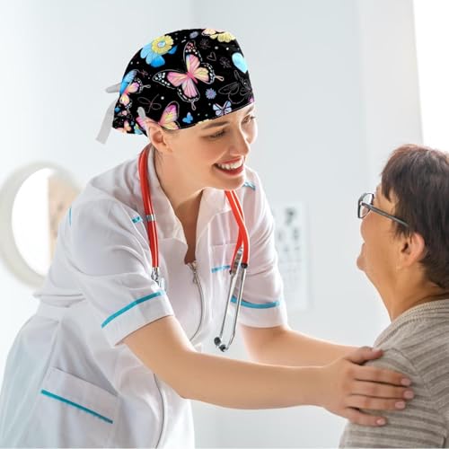 Image of Colored Butterflies Scrub Caps Women Ponytail, Adjustable Bouffant Surgical Caps with Button, Nurse Hats Long Hair