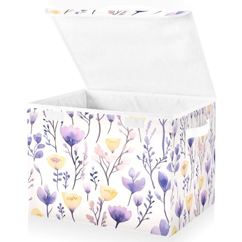 Image of senya Large Storage Bins with Linen Yellow Purple Flower Collapsible Foldable Storage Cubes Fabric Closet Organizer Containers Box with Flip-Top Lid for Home Bedroom Office 16.7 x 12.6 x 11.8in