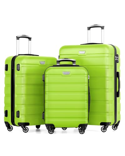 Coolife Luggage 3 Piece Set Suitcase Spinner Hardshell Lightweight TSA Lock (apple green2)