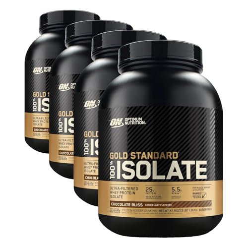 Image of Optimum Nutrition Gold Standard 100% Isolate, Protein Powder, Chocolate Bliss, 3 Pounds, 44 Servings. Whey Protein Isolate (Packaging May Vary) (Pack of 4)