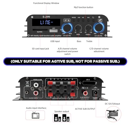4.1-Kanal Verstärker, 1600W Mini hifi Verstärker, Bluetooth 5.0 für Heimlautsprecher 40W x 4 +...