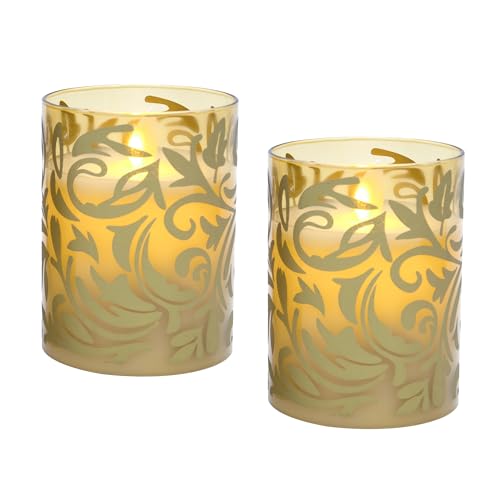 LumaBase Battery Operated Glass LED Candles, Gold Jacquard - Set of 2