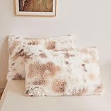 XeGe Cow Print Faux Fur Fluffy Pillowcases, Plush Shaggy Soft Long Pillow Covers, Fuzzy Decorative Pillow Cases, Furry Pillow Shams for Bed Sofa Zipper Closure, Set of 2(Standard, Cow Print Beige)
