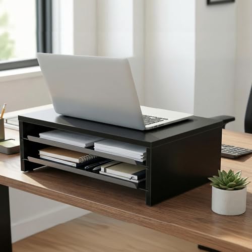 Image of Fenge Monitor Stand, 3-Tier Monitor Riser with Slide-Out Tray, Wooden and Metal Desktop Organizer for Home Office, Computer, Laptop, Printer, Telephone