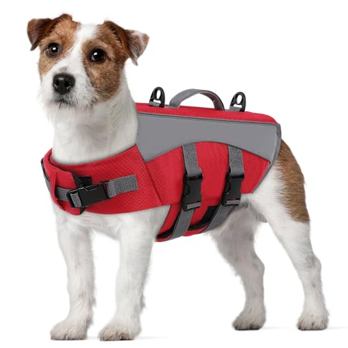 CITÉTOILE Giubbotto Salvagente per Cani - Giacca Galleggiante Riflettente con Maniglia, Galleggianti e Cinture Regolabili per Sicurezza in Acqua, Piscina, Rosso, XS