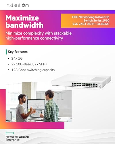 Image of HPE Networking Instant On Switch Series 1960 24-Port Gb Smart-Managed Layer 2+ Ethernet Switch | 24x 1G | 2X 10GBase-T, 2X SFP+ | Stackable | US Cord (JL806A#ABA)