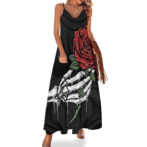 Robe longue crâne main rose sans manches pour femme - Style maxi d'été