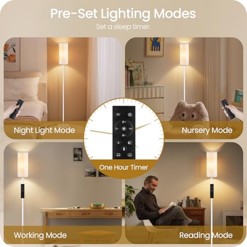 Image of White Floor Lamps for Living Room with Remote and Foot Switch, 64.4 inch Modern Standing Tall Lamp, Dimmable Corner Lamp for Bedroom, Office, Bulb Included, 3000K-6500K, FCC Listed WW06LD05W1