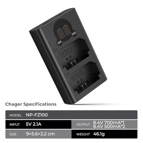 Image of K&F Concept NP-FZ100 Battery Charger, Dual LCD Battery Charger Compatible with Sony A7 iii, A7 iv, A7RIII, A7RIV, A7C, A7Cii, FX30, A6700, A6600, A9, A1, ZV-E1, ZV-E10 II Camera Batteries