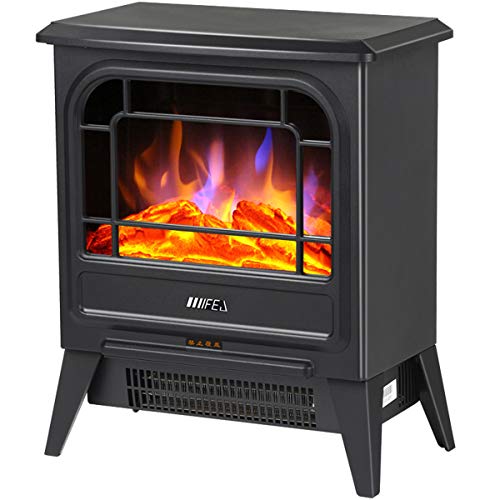 HOTT T- Calentador eléctrico de Estufa con Quemador de leña Efecto de Llama - 1800W, Negro - Chimenea Independiente con luz LED de leña