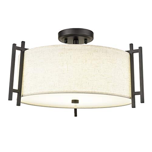 AXILAND Industrial Semi Flush Mount Ceiling Light with Drum Linen Shade