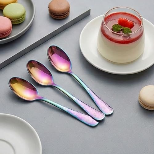 Image of 6.7 inch Rainbow Dessert Spoons with Floral Printed Handle | Set of 5 Durable Stainless Steel Teaspoons | Mirror Polished Silverware for Home, Restaurants, and Gift Giving