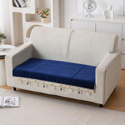 Image of HOKIPO 'Serenity Tassel' Chenille 2 Seater Sofa Cover with Tassel - Sapphire Navy (IN-891-NBL)