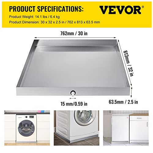 Image of VEVOR 32 x 30 x 2.5 Inch Washing Machine Pan 18 GA Thickness 304 Stainless Steel Heavy Duty Compact Washer Drip Tray with Drain Hole & Hose Adapter