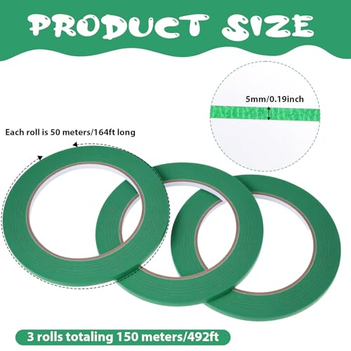 Image of 3 Rolls Removal Green Painters Tap Green Thin Masking Tape No Residue Narrow Paint Tapes Automotive Painting Tapes for Home Decoration Spray Paint Masking Handmade DIY, 0.2 Inch X 55 Yards