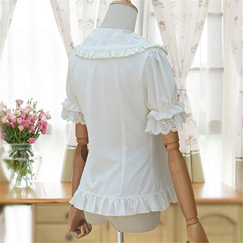 Summer Lolita Short Puff Sleeve Embroidered Flower Peter Pan Collar Lace Ruffles Blouse Tops for Girl Kawaii Cosplay Shirts3