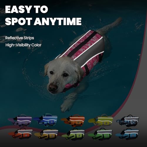 Image of VIVAGLORY Dog Life Vest Front Float Dog Swim Vest, M, Camo Pink | Life Jacket with Chin Float & Handle for Swimming & Boating, High Visibility Adjustable for Doggy Cat Puppy