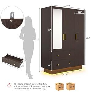 3 Door Wardrobe Closet with Mirror & LED Lights, Bedroom Armoire with Drawers & Shelves, Farmhouse Wooden Armoire Wardrobe Closet with Hanging Rod for Bedroom, Brown 3 Door Wardrobe Closet with Mirror LED Lights Bedroom Armoire with Drawers Shelves Farmhouse Wooden Armoire Wardrobe Closet with Hanging Rod for Bedroom Brown