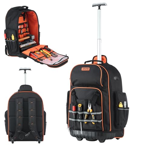 VEVOR Sac à Dos à Roulettes, Charge 50 kg, Sac à Outils, 45 x 27,5 x 56 cm, avec 72 Poches, Poignée Télescopique, Base Stable, Organisateur à Outils Robuste, pour...