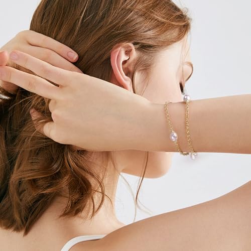 Image of Gold Pearl Bracelet for Women, REAL 14K Gold Plated Double Layered Dainty Pearls Bracelet, Elegant Stackable Flower Jewelry Gift for Her with OT Clasp