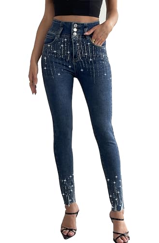 heipeiwa Women's Rhinestone Jeans Skinny Denim Pants High Waist Sparkle Shiny Sequin Raw Hem Distressed Jean