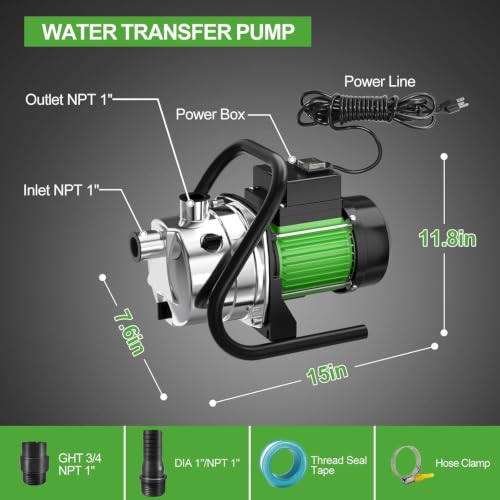 Image of Water Transfer Pump 110V Shallow Well Pump 1.6HP Electric Portable Garden Pressure Booster Pumps for Sprinkler Irrigation Lawn with Adapters, Green