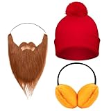 3Pcs Prospector Costume Adult Red Knit Beanie Yellow Ear Muffs Fake Beard Men Winter Hat Fur Earmuffs Halloween Christmas Costume Accessories for yukon abominable