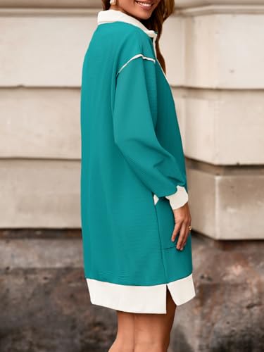 Image of Wenrine Womens Half Zip Sweatshirt Dress Fall V Neck Contrast Mini Dresses