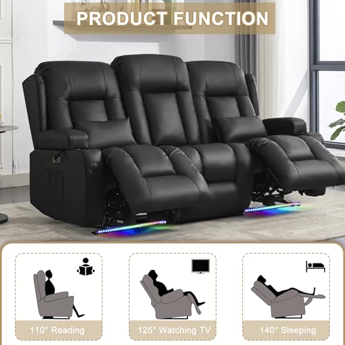 Image of URRED Power Loveseat Recliner Sofa with Massage and Heat, Wall Hugger Reclining Loveseat with Console, RV Couch Home Theater Seating with LED Lights for Living Room (Black, 76.8 inch - 3 Seats)