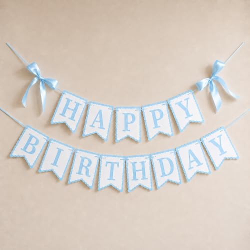 Blue Happy Birthday Banner with Satin Bows for Birthday Decorations